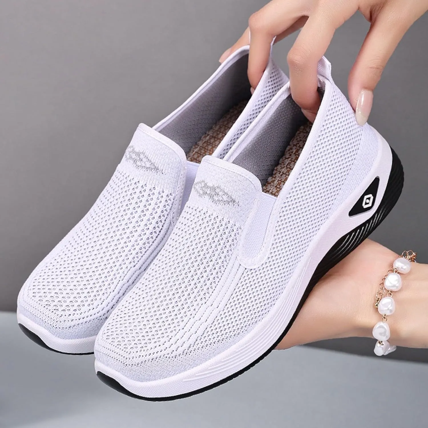 Women's Woven Orthopedic Breathable Soft Shoes Comfortable Wide Width Walking Shoes Slip On Arch Support Walking Flying Sneakers