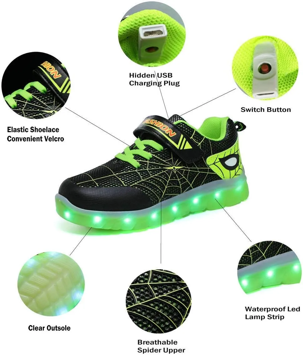 YUNICUS Kids Light Up Shoes Led Flash Sneakers with Spider Upper USB Charge for Boys Girls Toddles Best Gift for Birthday Thanksgiving Christmas Day